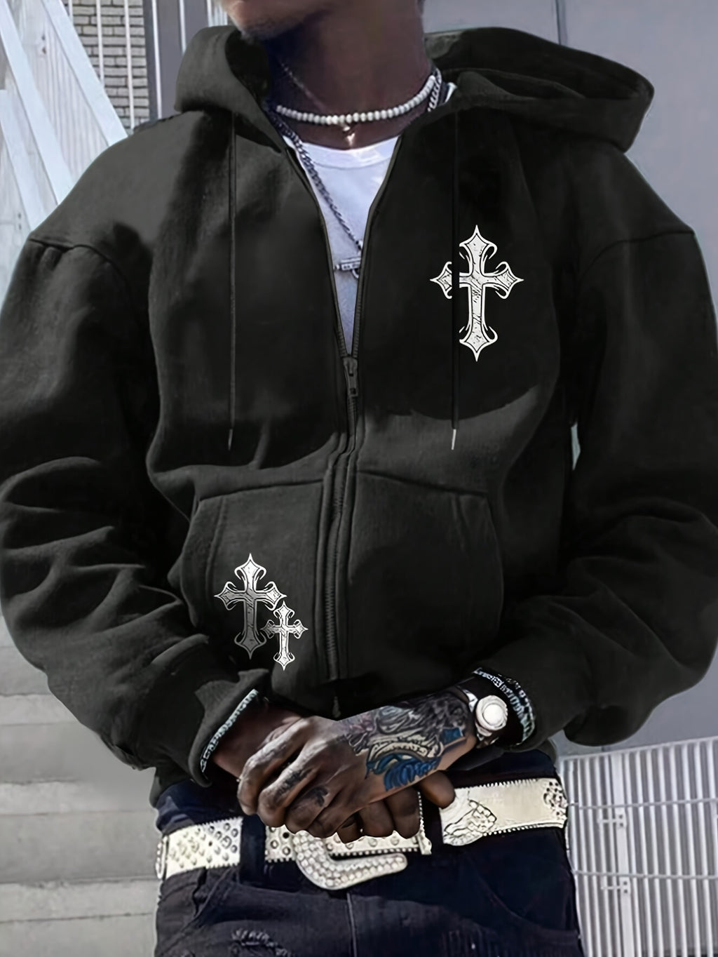 TeeShop "Cross Print" Zip-Up Hoodie