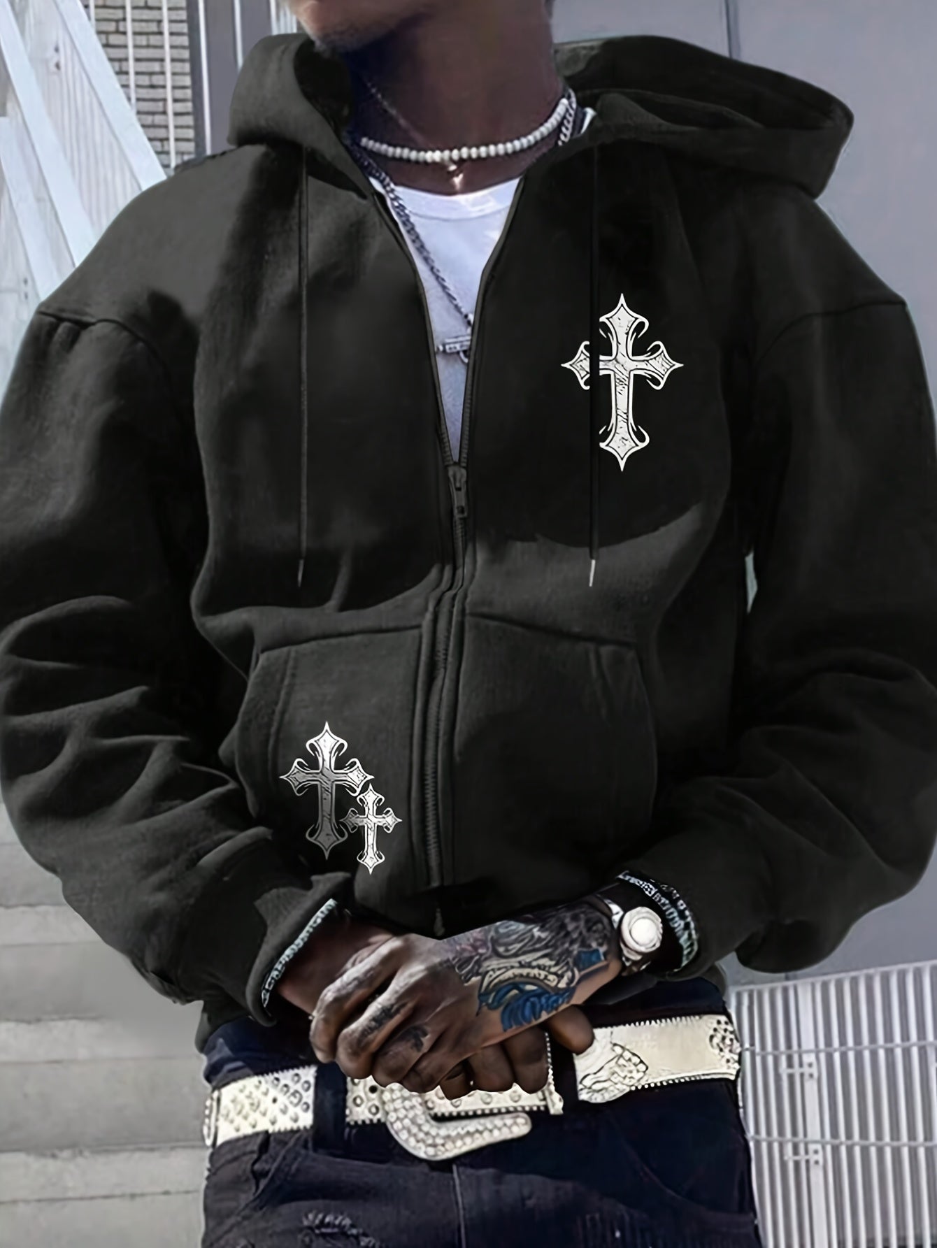 TeeShop "Cross Print" Zip-Up Hoodie